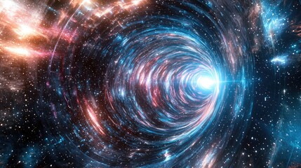 Poster - 3D illustration of a hyperspace jump through the stars to distant space featuring neon glowing rays in motion lightspeed travel and a warp journey within a wormhole