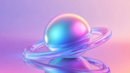 Fototapete - Iridescent crystal spheres with rings in a 3D cartoon rendering This glass futuristic planet features an abstract space composition of geometric shapes showcasing a holographic gradient texture as