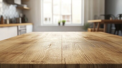 Poster - 3D rendering of a close up view of a wooden dining table in a contemporary Scandinavian kitchen with ample copy space on the tabletop