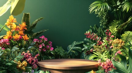 Poster - Product display featuring a wooden podium surrounded by lush greenery and vibrant flowers enhanced by a vivid green background 3D rendering