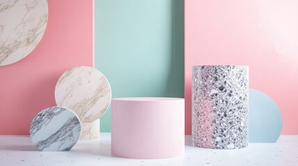 Poster - Product showcase and display pedestal concept Empty product stand with geometric shape on pastel background for new product launches banners sales cosmetics and presentations Includes space for te