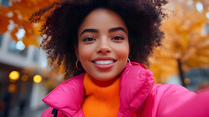 Wall Mural - A smiling young woman in a vibrant pink jacket against autumn foliage.