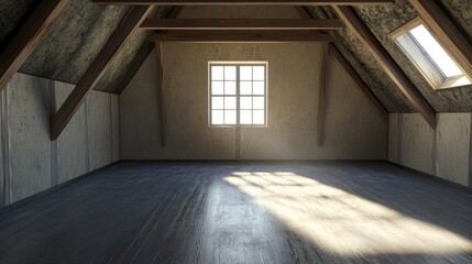 Poster - 3D rendering of spacious empty rooms in an attic after wall and ceiling renovations