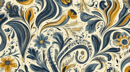 Poster - home decor illustration featuring a seamless paisley print with hand drawn elements in yellow blue a