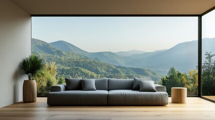 Poster - Minimalist living room featuring a sofa on wooden flooring decorative elements on a spacious wall and a serene landscape visible through the window Nordic interior design 3D rendering