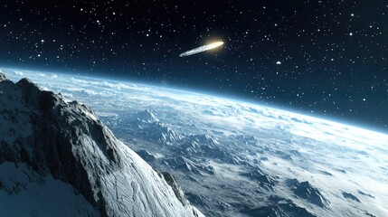 Poster - A comet flying above the Earth in a 3D cartoon rendering