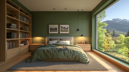 Poster - Contemporary master bedroom featuring green walls wood flooring a cozy king size bed a built in bookcase and a window showcasing a blurred mountain view 3D rendering