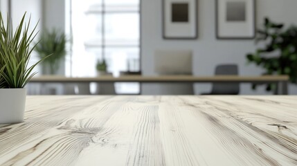 Poster - White wooden table for showcasing products with a blurred personal office in the background Represents commercial presentation exhibition and advertisement Close up view 3D rendering