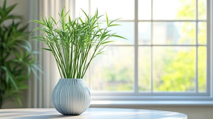 Poster - 3D rendering of a vase containing green bamboo stems placed on a table by a window