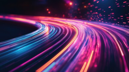 Fototapete - Futuristic neon backdrop featuring dynamic glowing lines in an upward motion creating a vibrant light trail effect