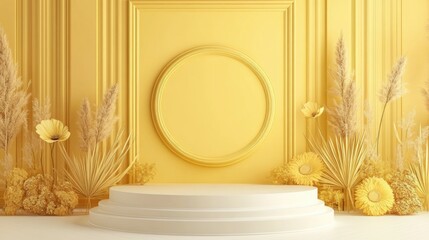 Poster - Abstract Minimalist Yellow Podium for Product Display and Showcase with Decorative Elements in 3D Rendering