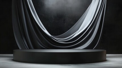 Poster - elegant 3d podium featuring flowing fabric designed in fashionable black tones spacious backdrop for