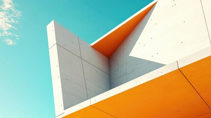 Poster - Abstract architectural background featuring geometric shapes with white and orange walls beneath a blue sky Detail of a modern concrete structure showcasing a minimal design with angular lines