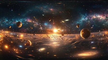 Poster - Realistic illustration of the universe featuring stars and nebulas in a seamless 360 panorama for equirectangular spherical projection rendered in 3D cartoon style against an outer space backgroun
