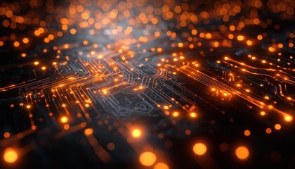 Aufkleber - Illuminated Circuit Board with Orange Glowing Lines