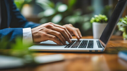 Canvas Print - A person typing on a laptop surrounded by plants in an office.