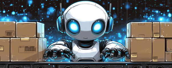 Poster - A robot is standing in front of a stack of boxes. The robot is wearing headphones and has blue eyes. The image has a futuristic and industrial feel to it