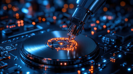 Poster - A computer disk drive with a glowing circle on it. The disk drive is surrounded by a blue background