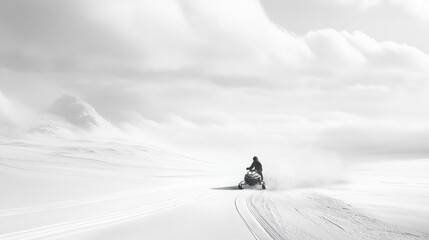 A lone snowmobile rider traverses a vast, snowy landscape, leaving a trail in their wake. The scene is bathed in a soft, ethereal light, with the sky filled with fluffy clouds.