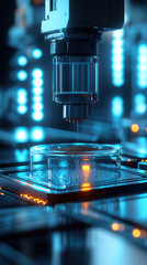 Poster - A machine is spraying something into a glass container. The image has a futuristic and scientific feel to it