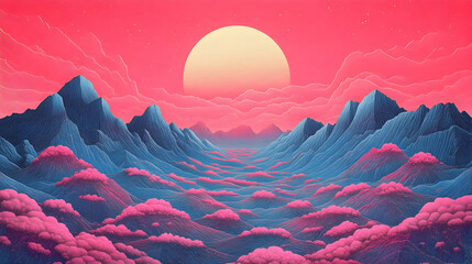 Poster - Vibrant sunset over mountains with colorful clouds and valleys.