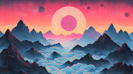 Poster - A vibrant, surreal landscape with mountains and a colorful sky.