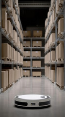 Poster - A robot is in a warehouse with many boxes. The robot is white and black. The warehouse is very large and has many boxes