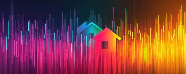 Poster - A colorful house is shown in a rainbow of colors. The house is surrounded by a series of colorful lines, creating a vibrant and lively atmosphere. Concept of joy and happiness, as the bright colors