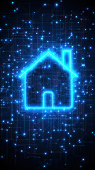Poster - A house is lit up in blue lights. The house is surrounded by a lot of wires and lights