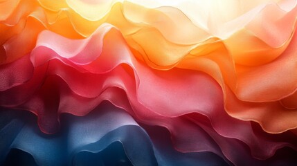 Aufkleber - Colorful fabric layers cascade in a wave-like formation, displaying a harmonious gradient of orange, pink, and blue under bright light, creating an inviting atmosphere.