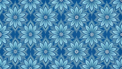 Wall Mural - A seamless pattern of blue flowers with delicate, intricate line details on a deep blue background, creating a captivating and mesmerizing visual experience.