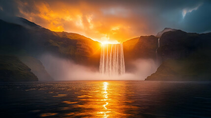 Wall Mural - Majestic waterfall at sunset, surrounded by mist and mountains.