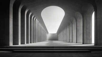 Poster - The spacious interior features elegant concrete arches leading towards a dramatic ceiling opening.