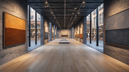 Poster - Minimalist Gallery Interior with Abstract Paintings and Wooden Flooring