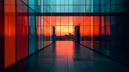 Wall Mural - Modern corridor with glass walls reflecting a vibrant sunset.