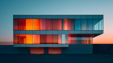 Canvas Print - Modern architectural design with vibrant glass reflections at sunset.