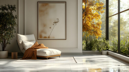 Wall Mural - Cozy lounge area with natural light and autumn view.