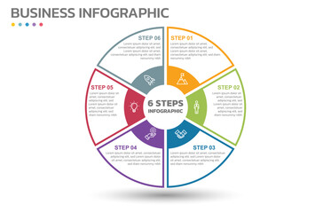 Visual data presentation. Cycle diagram with 6 options. Pie Chart Circle thin line infographic template with 6 steps, options, parts, segments. Business concept. Marketing infographic outline style.