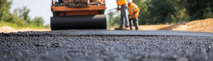 Construction workers paving a road with heavy machinery, showcasing teamwork and machinery in action under natural lighting.