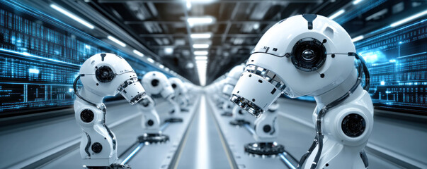 Poster - A row of robots are lined up in a factory. The robots are white and have a futuristic appearance. The scene gives off a sense of technology and innovation