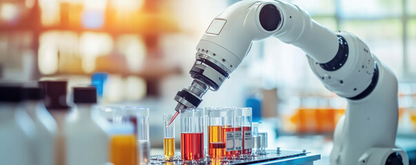Poster - A robot is in a lab, working with a variety of glassware. The robot is focused on a task, possibly mixing chemicals or conducting an experiment. The lab is filled with various bottles and beakers