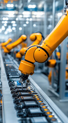 Poster - A robot is working on a line of computer chips. The robot is orange and has a black head