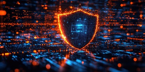 Fototapete - Digital Shield Glowing with Binary Code in a Network of Lights