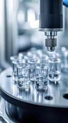 Poster - A machine is filling glass vials with liquid. The vials are lined up in a row and are all the same size