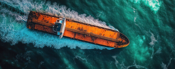 Poster - A large orange ship is sailing through the ocean. The ship is surrounded by a lot of water and the sky is clear. The ship is moving fast and the water is choppy