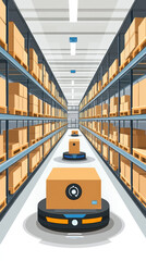 Poster - A warehouse with three robots in the middle of the aisle. The robots are moving boxes and are surrounded by many boxes