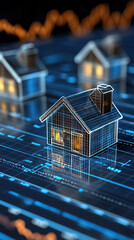 Poster - A house is shown on a computer screen with a graph in the background. The house is small and has a blue roof