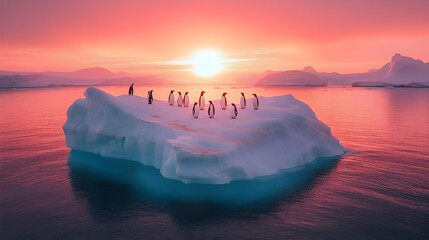 Sticker - Penguins on an iceberg at sunset, creating a serene scene.