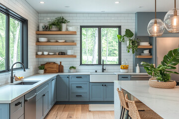 Wall Mural - Bright kitchen with open shelving, plants, and minimalist decor.