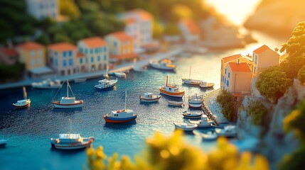 Coastal village with boats at sunset